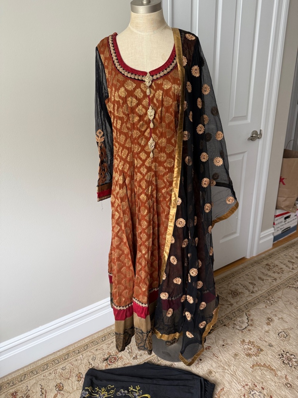 Rust and Black Embroidered Women's Dress with Dupatta